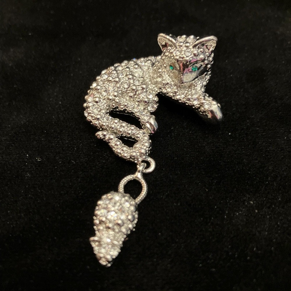 VTG Cat & Mouse Brooch Silver Tone Clear Pave Rhinestone Crystal Pin Green Eyes